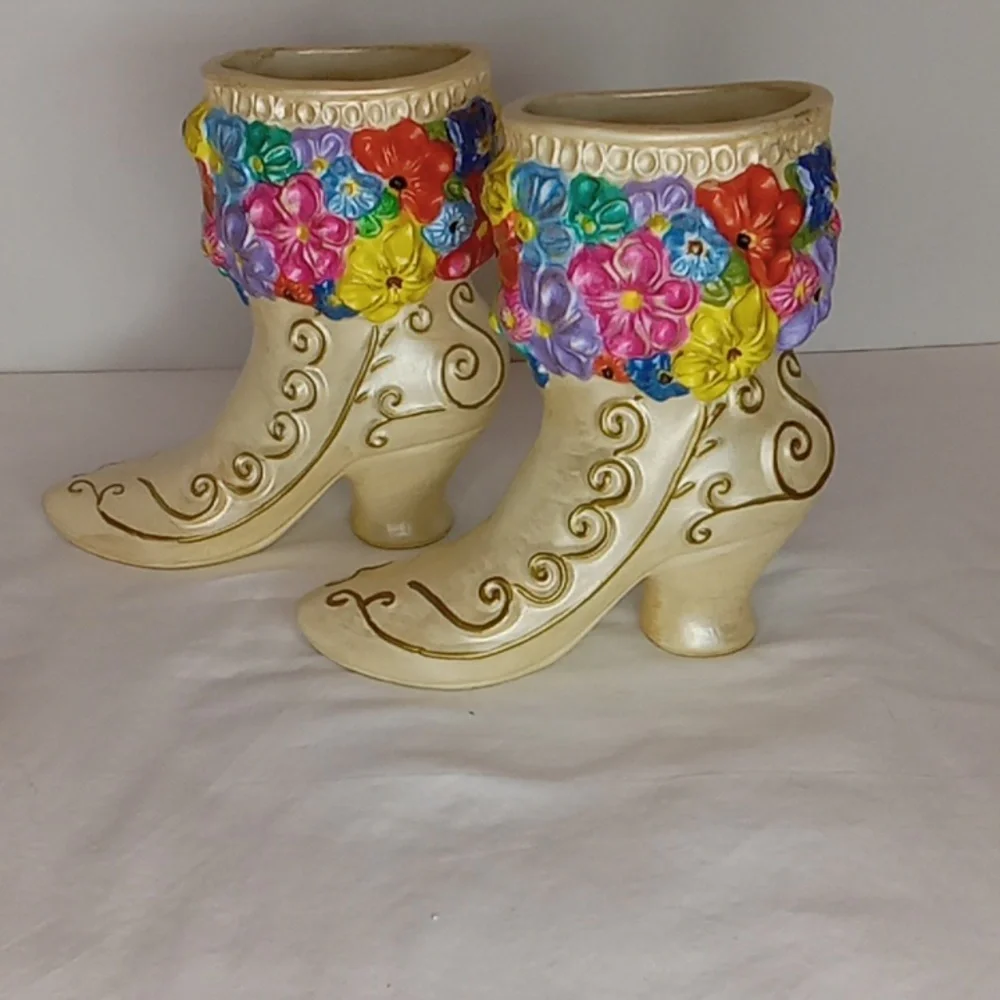 Vintage Pair Ceramic Colorful Floral Embellished Victorian Boot Shaped Vases